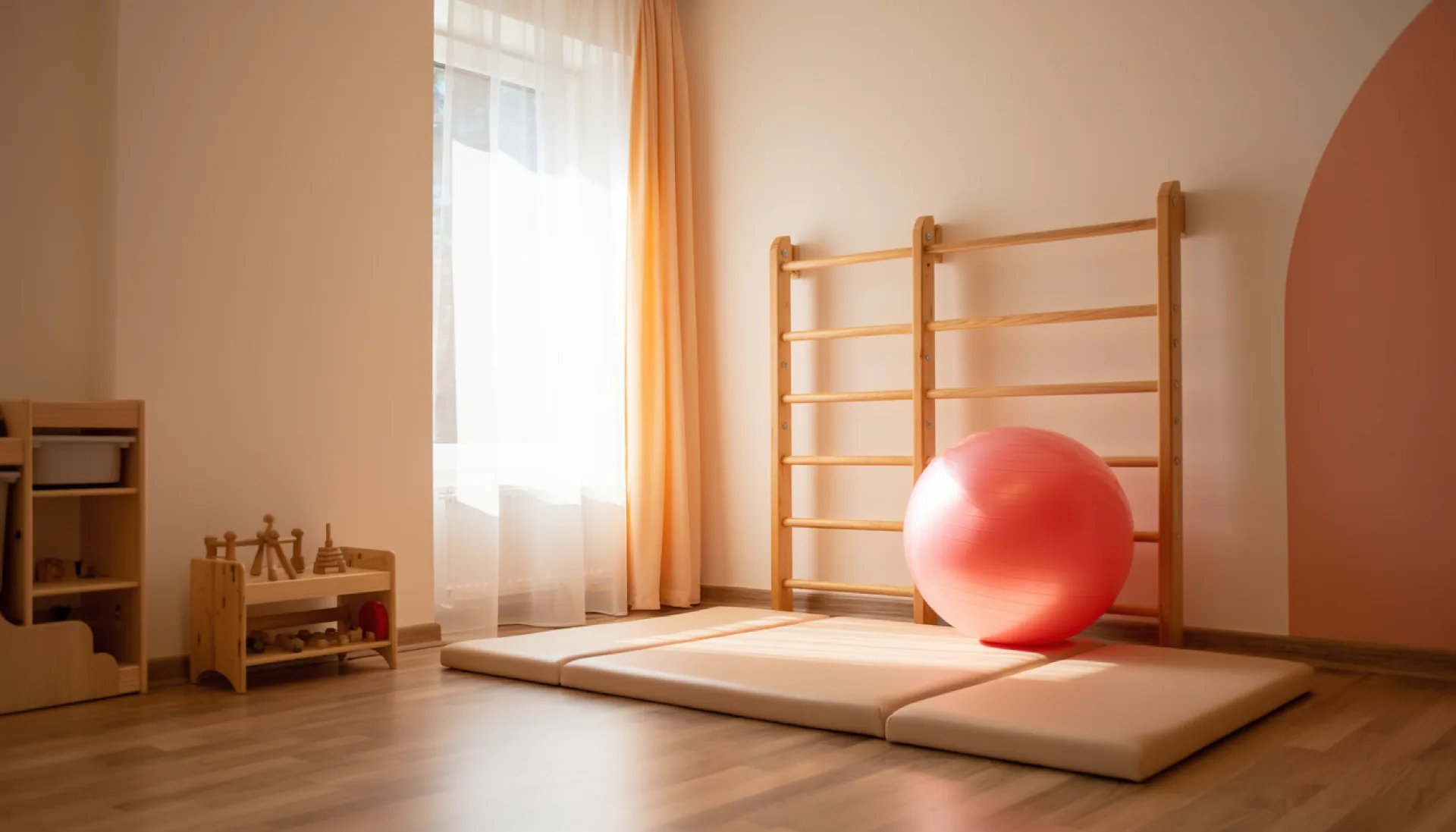 The therapy room at Purzelbaum: a large rose therapy ball in front of light wooden wall bars, padded mats on a pale wooden floor and a window with warm afternoon light
