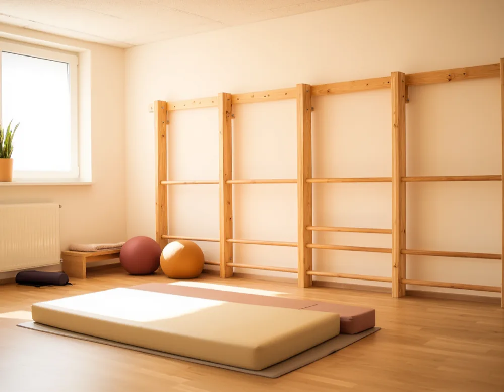 The exercise room: a padded floor mat on light wooden flooring, wall bars along the wall, two therapy balls and a low bench by the window