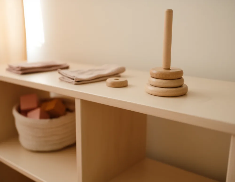 A low pale wooden shelf with a wooden stacking toy, folded muslin cloths and a basket of wooden building blocks