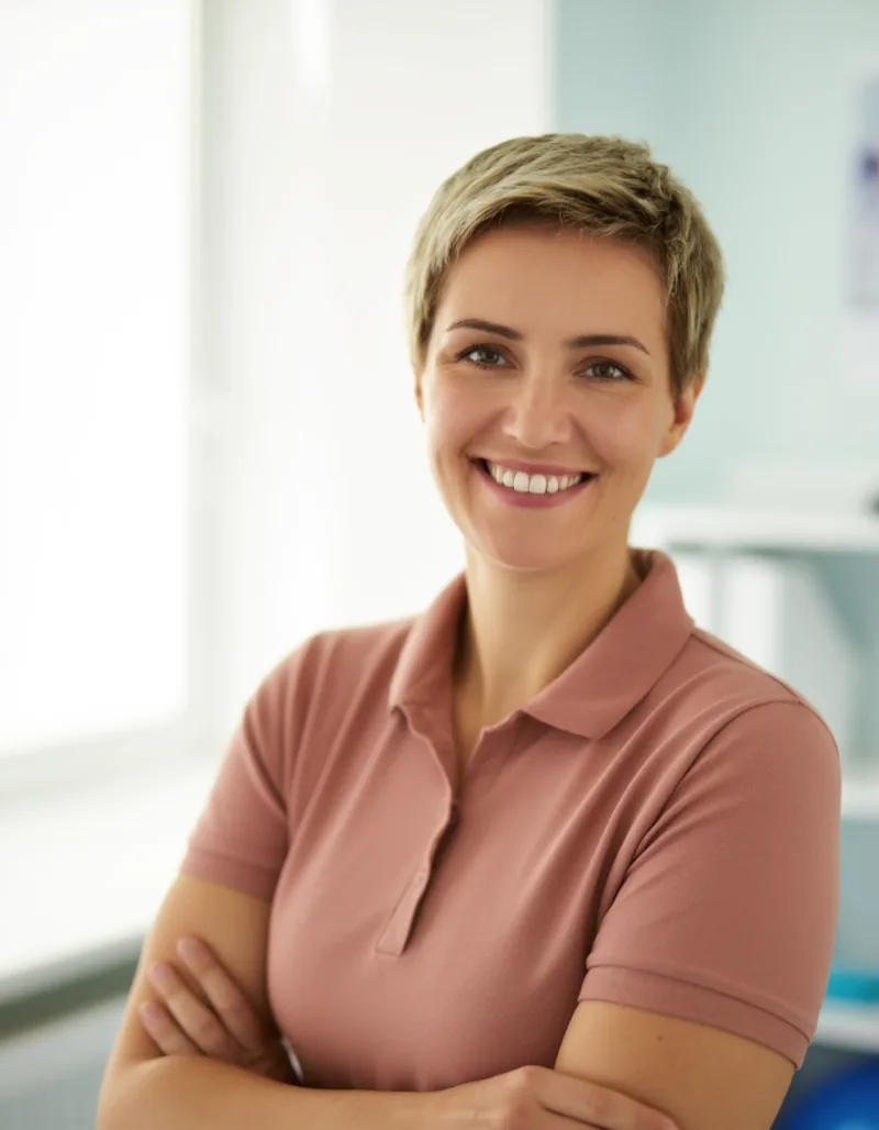 Portrait of Marlene Kuhnert, physiotherapist and owner of the practice, in the treatment room