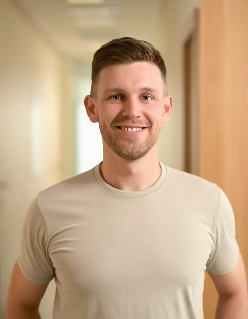 Portrait of Tobias Renz, physiotherapist and Vojta therapist, in the practice corridor