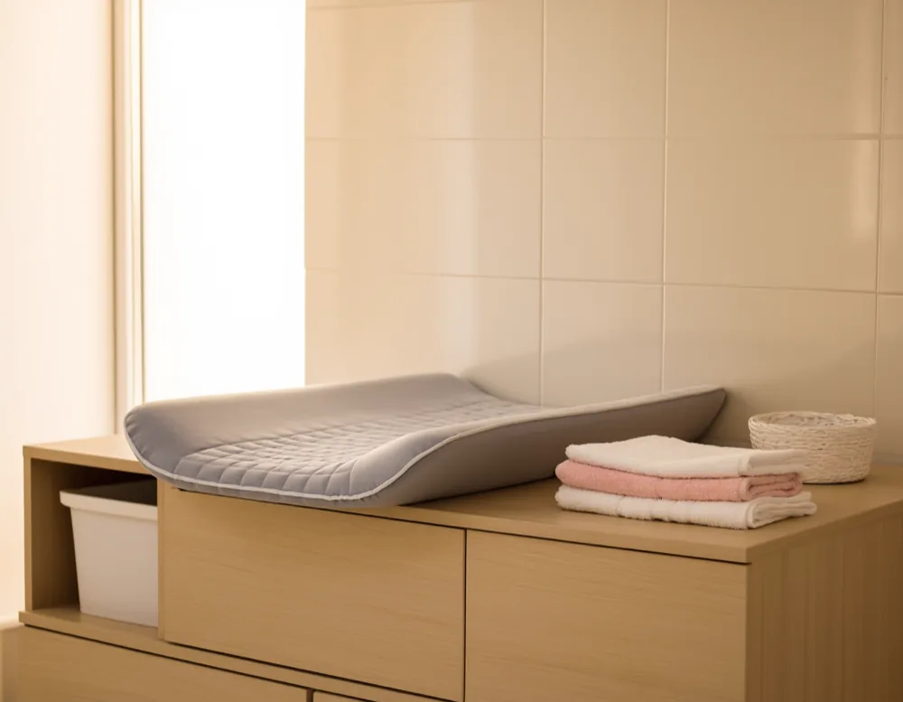 The changing area: a padded changing mat on a light wooden cabinet with folded white and rose towels beside it